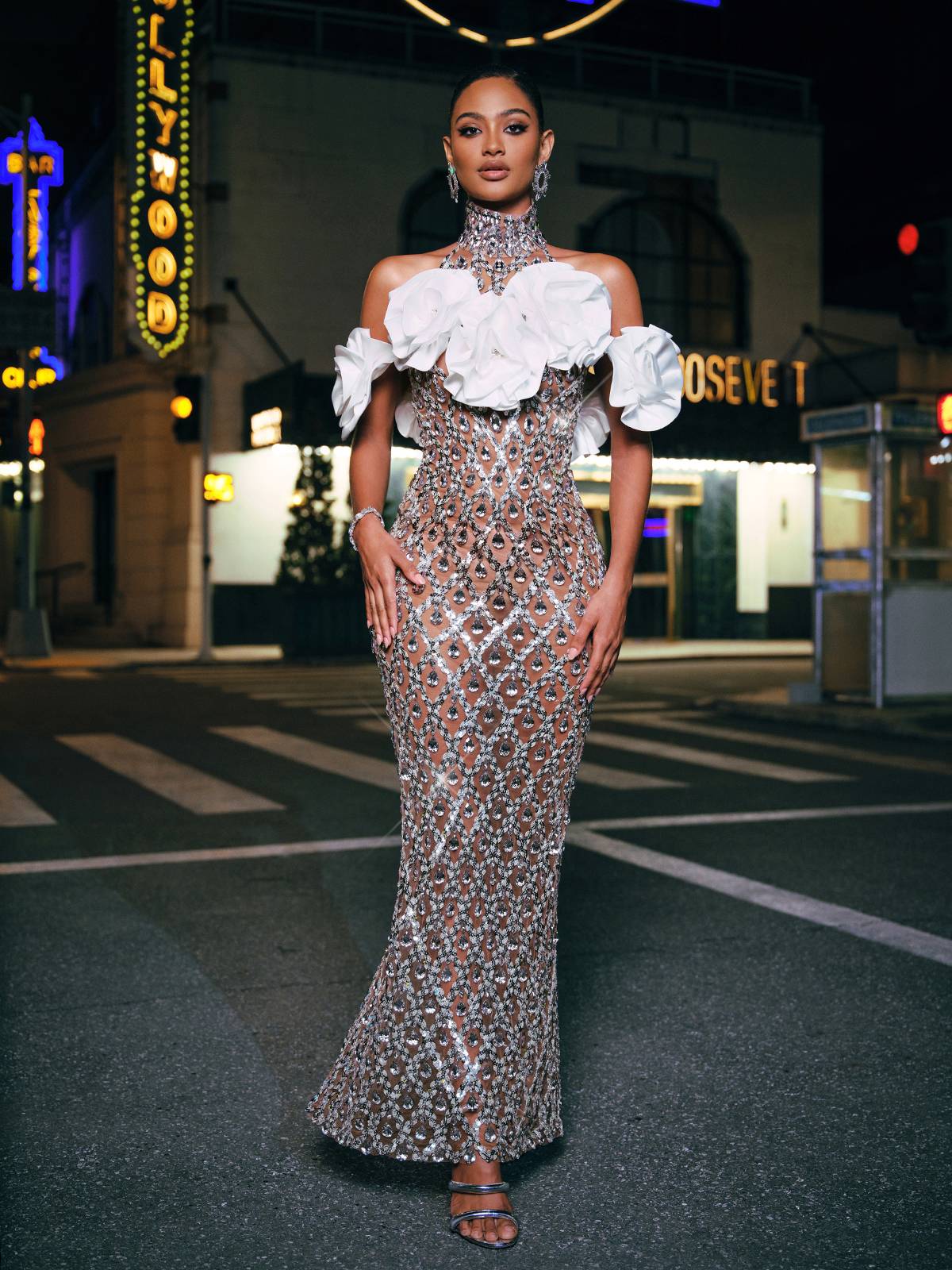 Sequin High Neck 3D Rose Ruffle Mermaid Maxi Dress