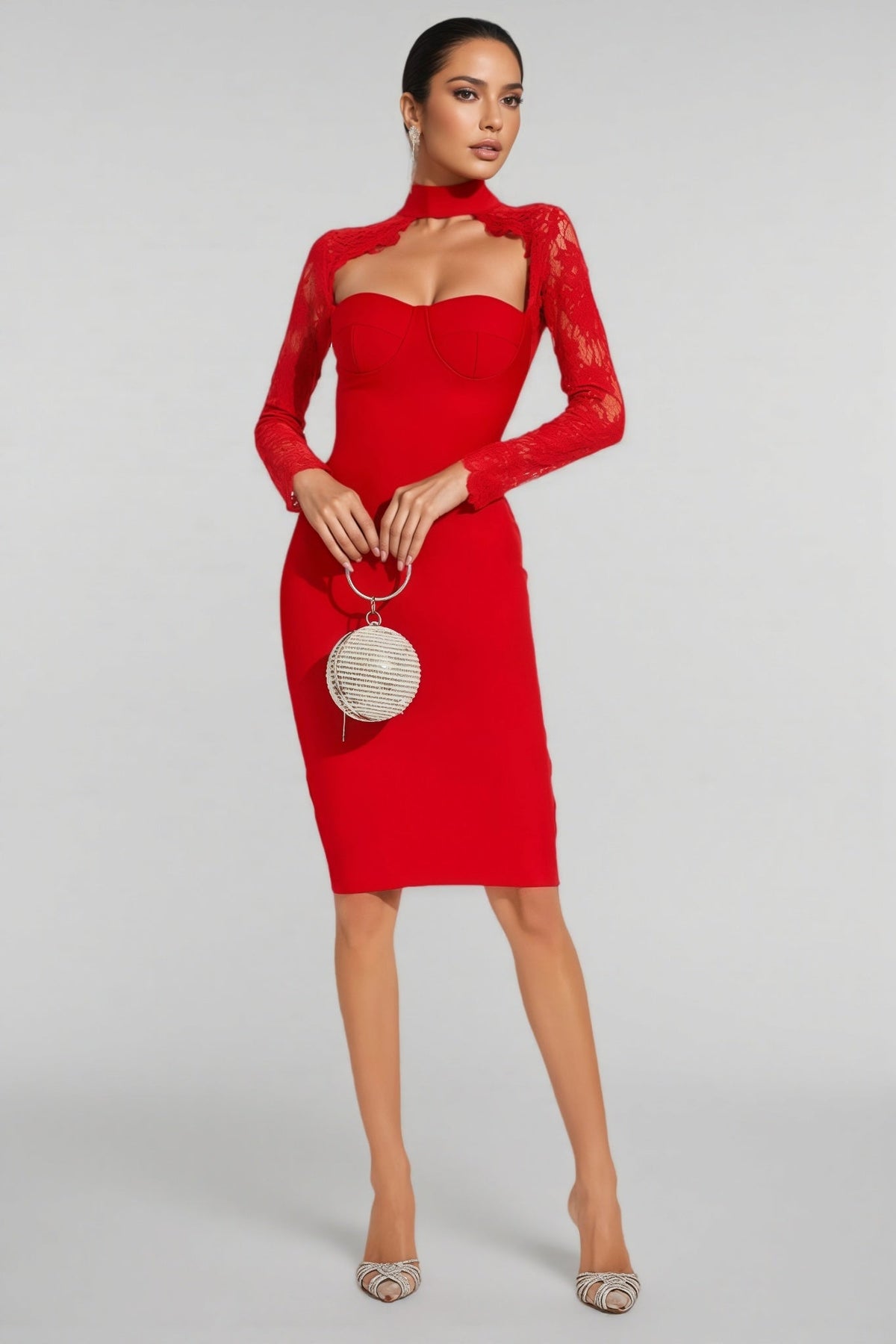 Grece Red Lace Sleeve Bandage Maxi Dress - View 3