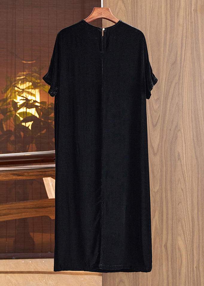 Velvet Floral Branch Embroidery Round Neck Shift Midi Dress - View 3