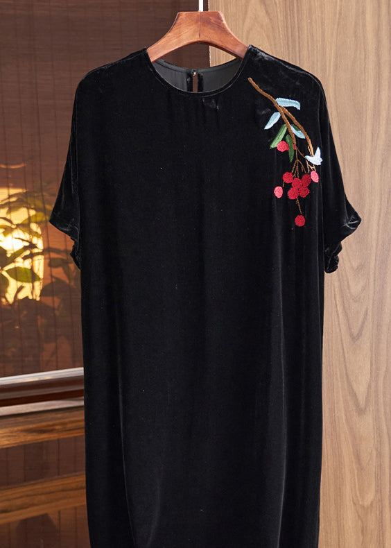 Velvet Floral Branch Embroidery Round Neck Shift Midi Dress - View 4