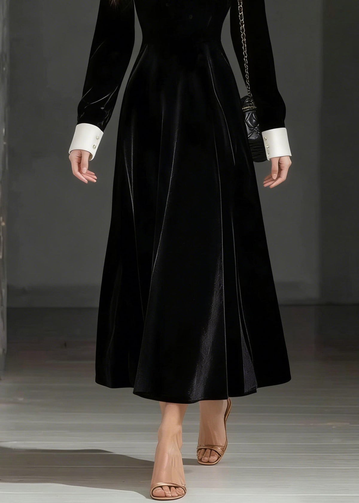 Crew Neck Contrast Cuff Long Sleeve Velvet A-Line Party Dress - View 4