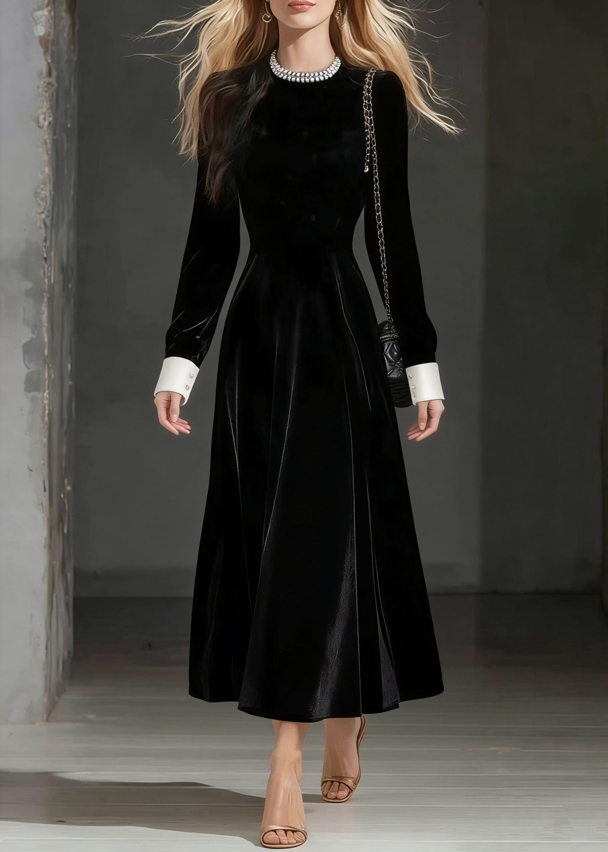 Crew Neck Contrast Cuff Long Sleeve Velvet A-Line Party Dress - View 5