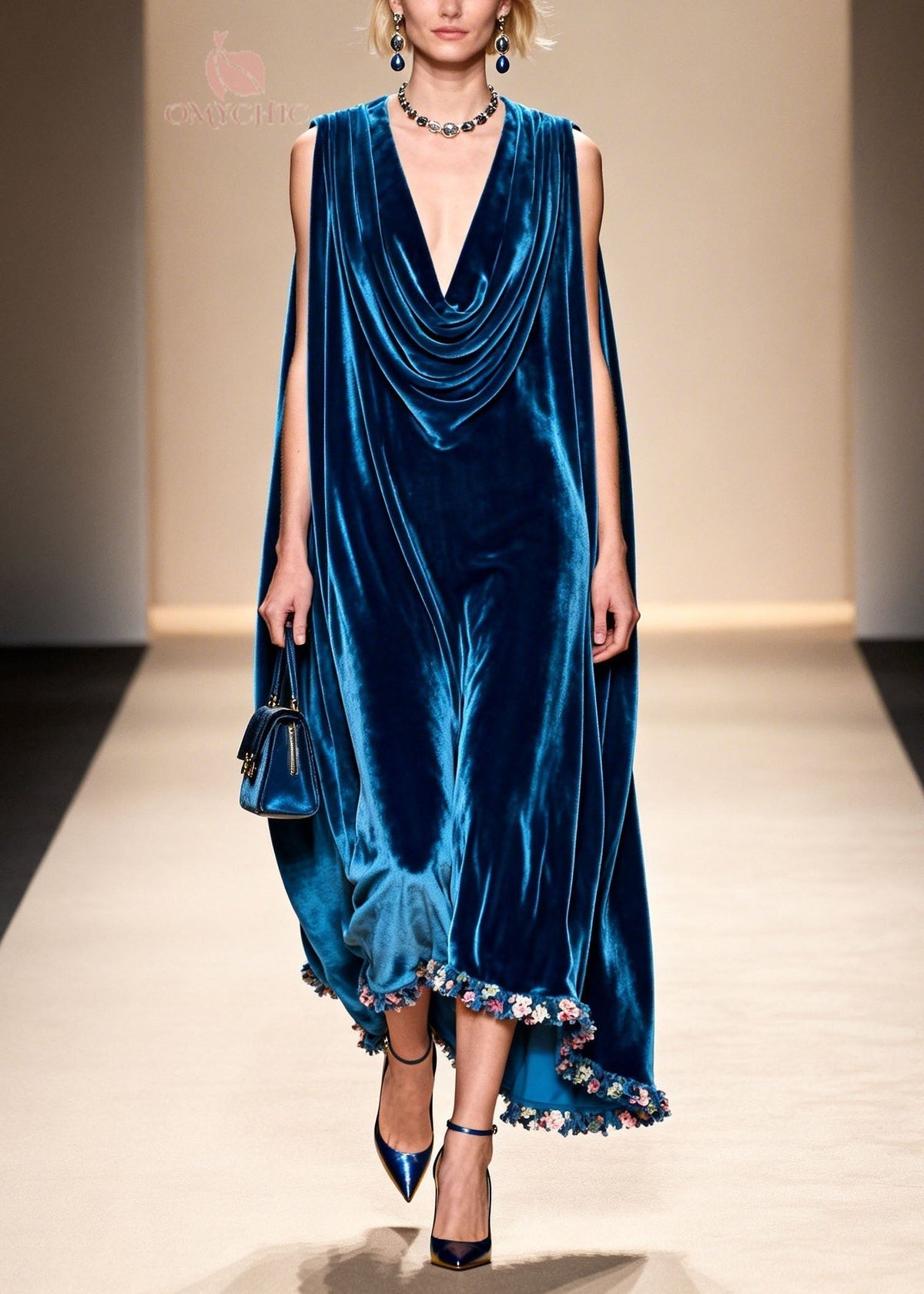 Velvet Cowl Neck Sleeveless Floral Applique Hem Maxi Gown - View 3