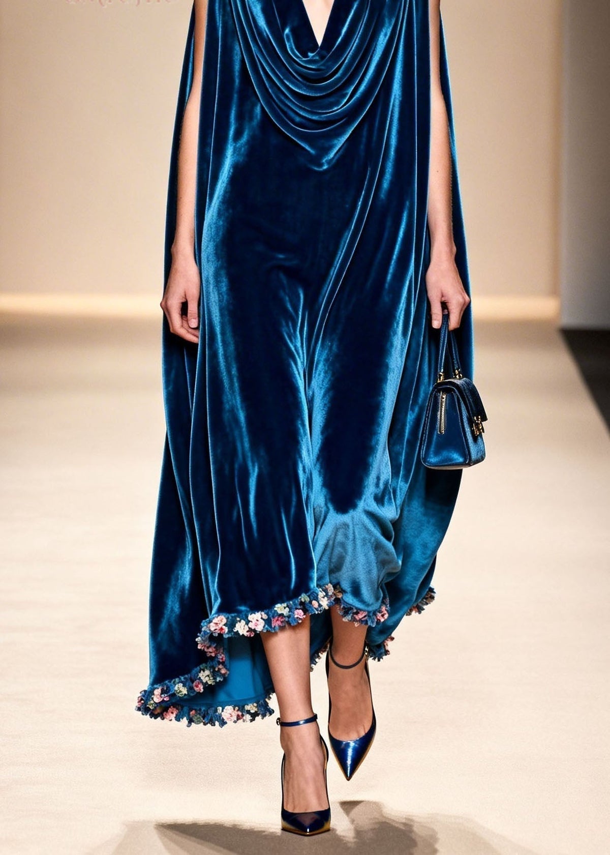 Velvet Cowl Neck Sleeveless Floral Applique Hem Maxi Gown - View 4