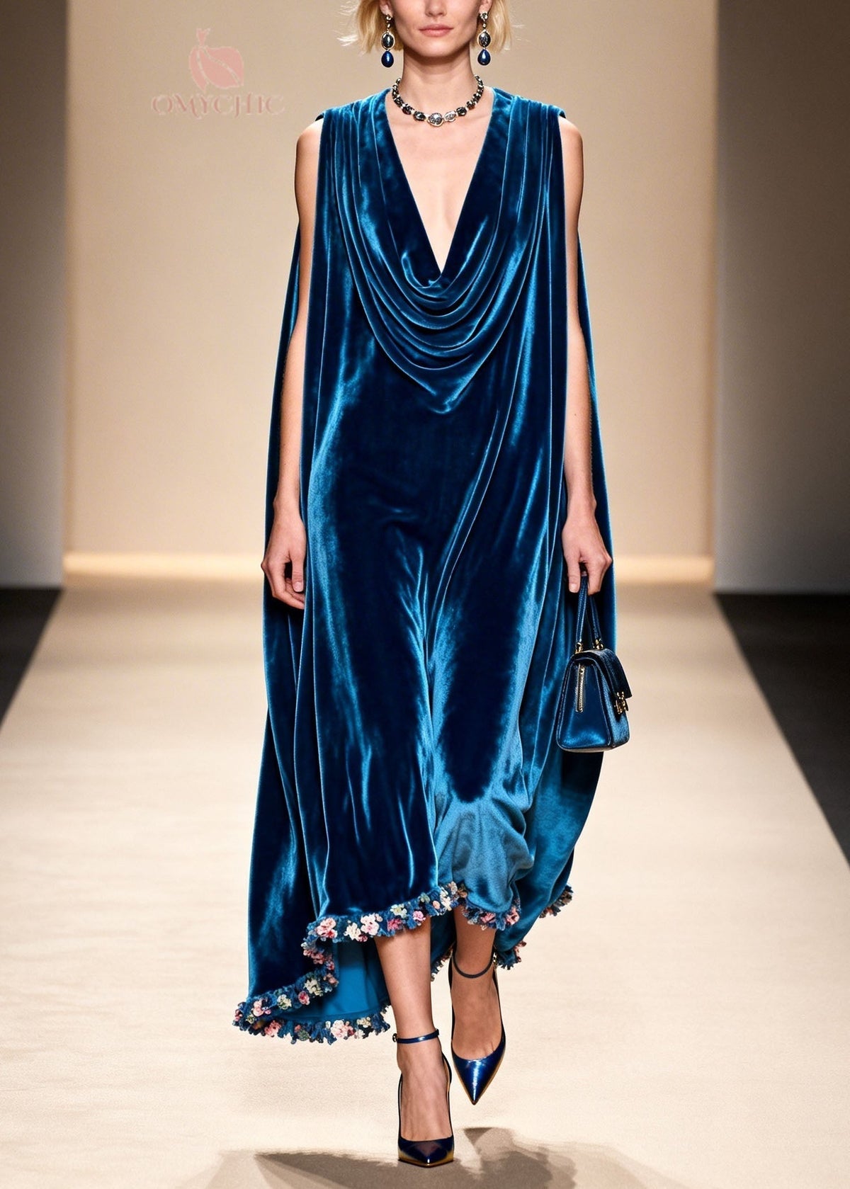 Velvet Cowl Neck Sleeveless Floral Applique Hem Maxi Gown - View 5