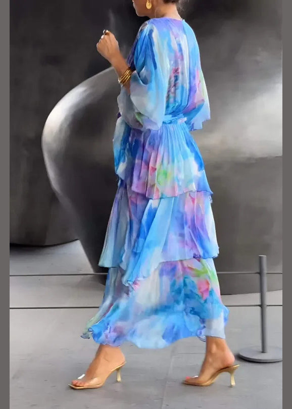 Loose Blue Layered Ruffled Print Chiffon Dress Butterfly Sleeve - View 3