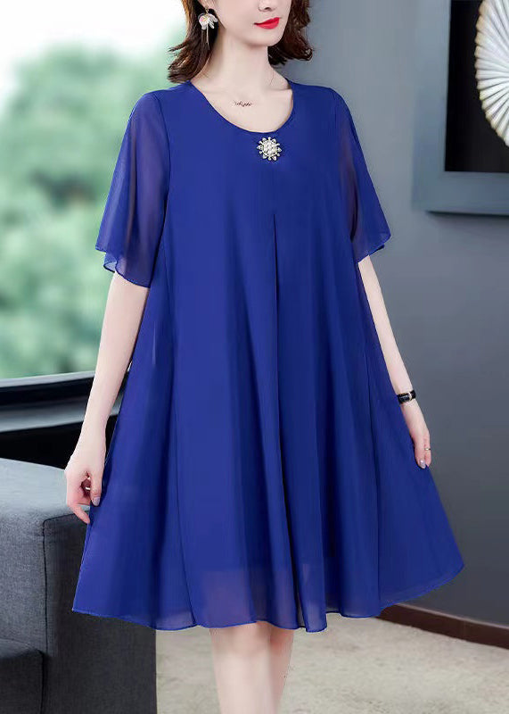 Chiffon Round Neck Rhinestone Brooch Flutter Sleeve Pleated Dress
