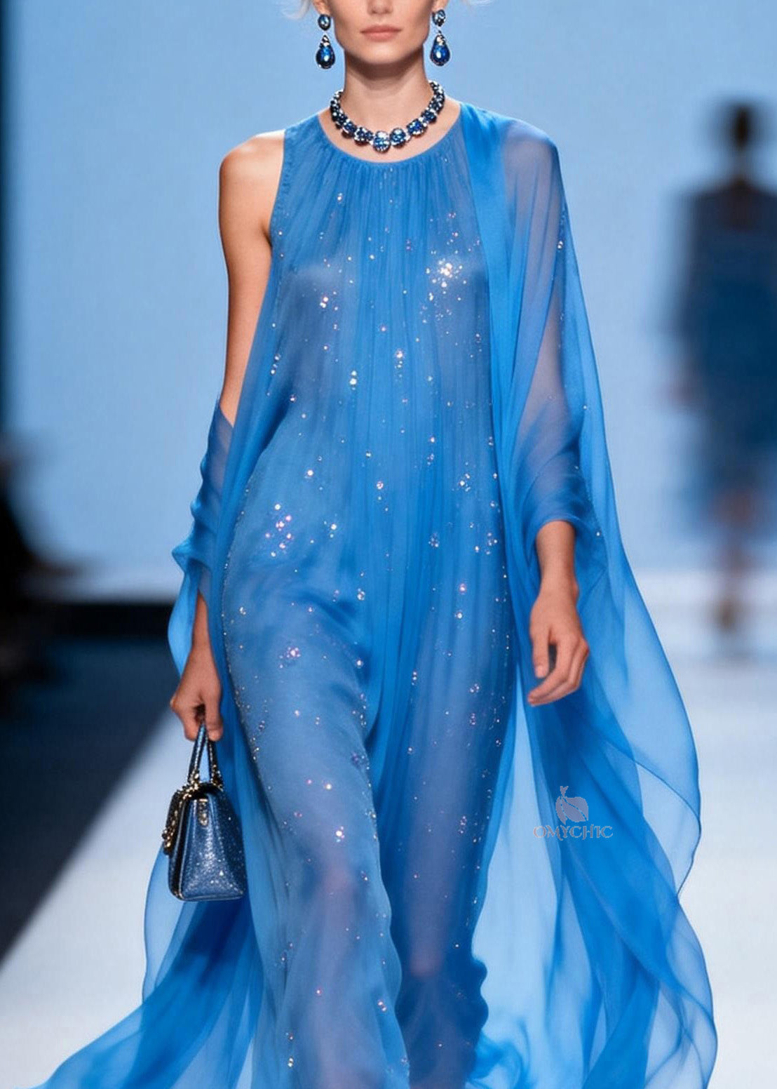 Rhinestone Scatter Round Neck Sheer Cape Train Chiffon Maxi Gown - View 2