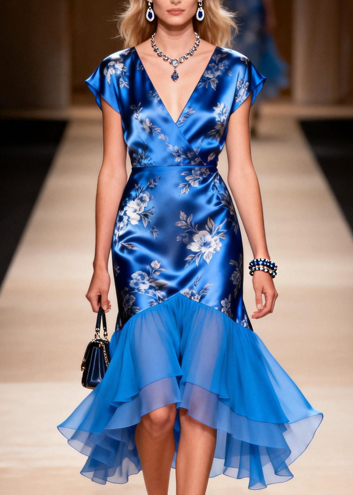 Floral Print Satin Wrap V-Neck Cap Sleeve Tiered Cocktail Dress - View 2
