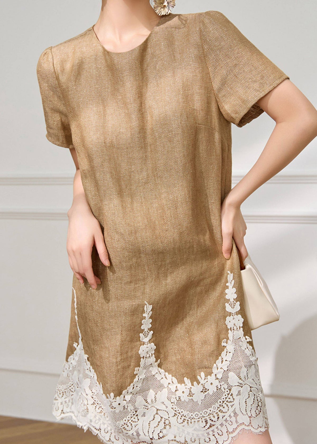 Woven Lace Trim Round Neck Short Sleeve Shift Mini Dress - View 4