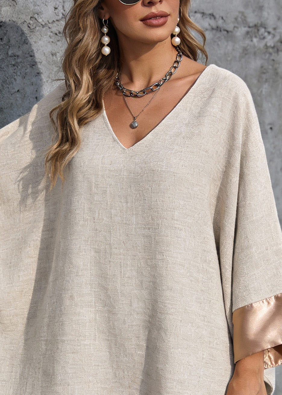 V-Neck Batwing Sleeve Satin Cuff Curved Hem Woven Patchwork Mini Dress - View 2