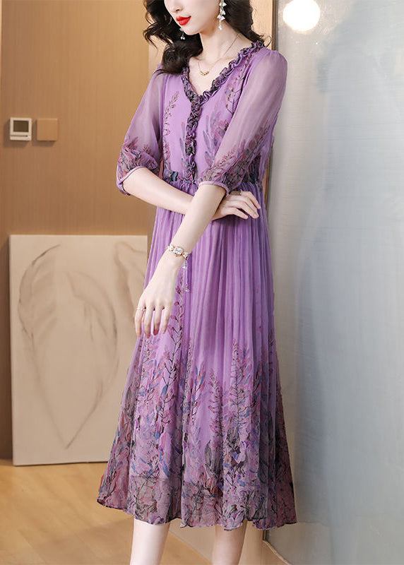 Loose Purple Ruffled Lace Up Print Chiffon Long Dress Half Sleeve - View 4