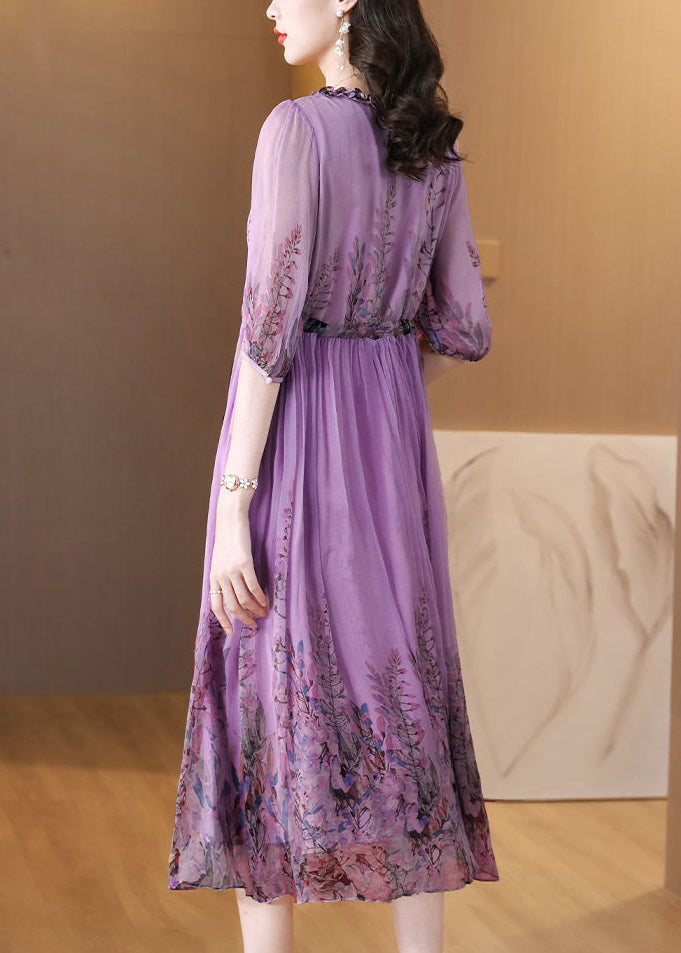 Loose Purple Ruffled Lace Up Print Chiffon Long Dress Half Sleeve - View 5