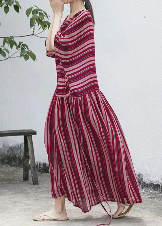Striped Round Neck Batwing Sleeve Gathered Waist Maxi Dress - View 5
