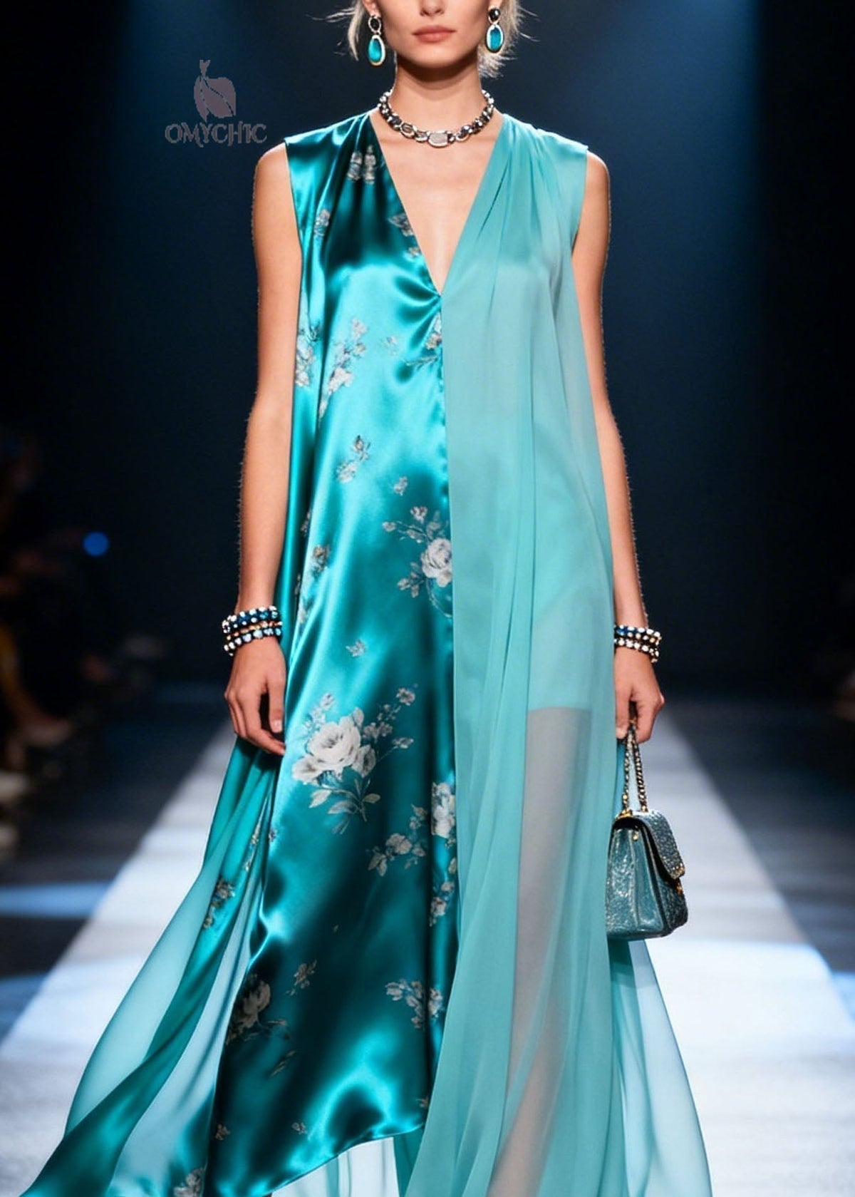 Floral Print Asymmetrical Sheer Chiffon Layered V-Neck Maxi Dress - View 2