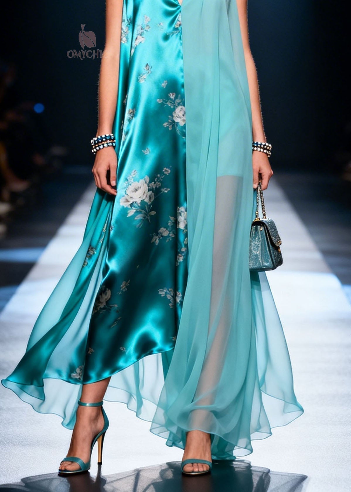Floral Print Asymmetrical Sheer Chiffon Layered V-Neck Maxi Dress - View 4