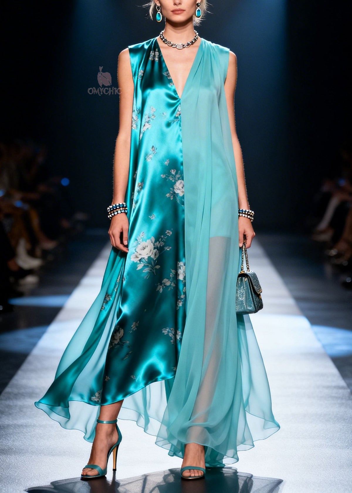 Floral Print Asymmetrical Sheer Chiffon Layered V-Neck Maxi Dress - View 5