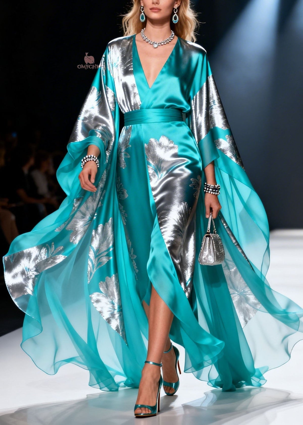Metallic Floral Print Wrap V-Neck Belted Cape Sleeve Maxi Gown - View 3