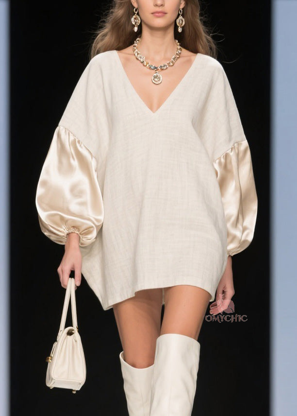 V-Neck Satin Lantern Sleeve Oversized Woven Shift Mini Dress - View 2