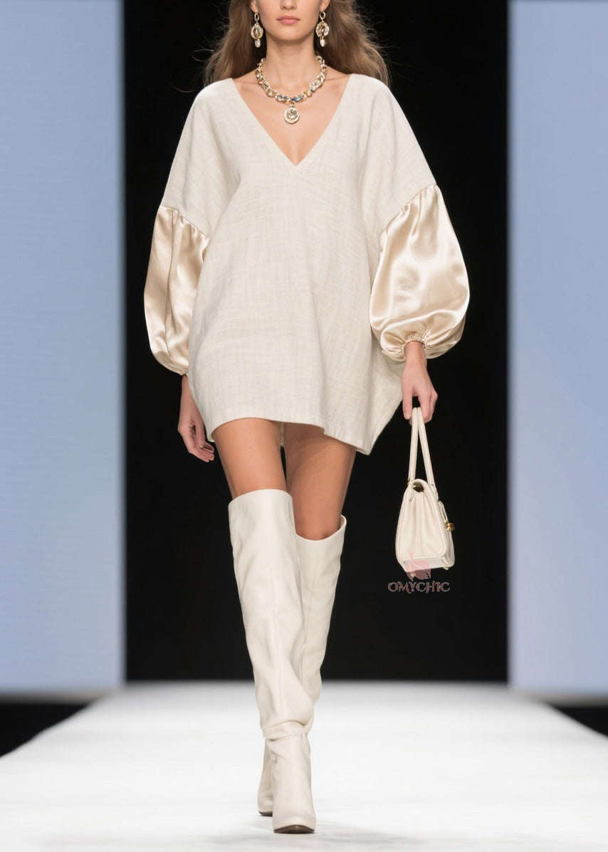 V-Neck Satin Lantern Sleeve Oversized Woven Shift Mini Dress - View 3