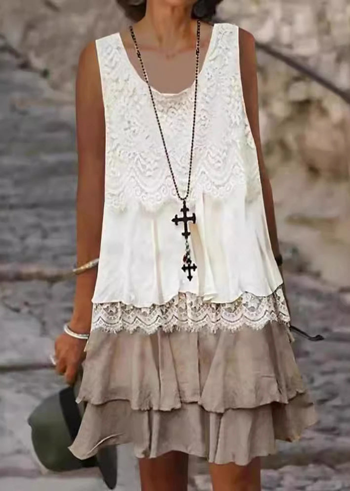 Lace Panel Scoop Neck Sleeveless Tiered Ruffle Mini Dress - View 4