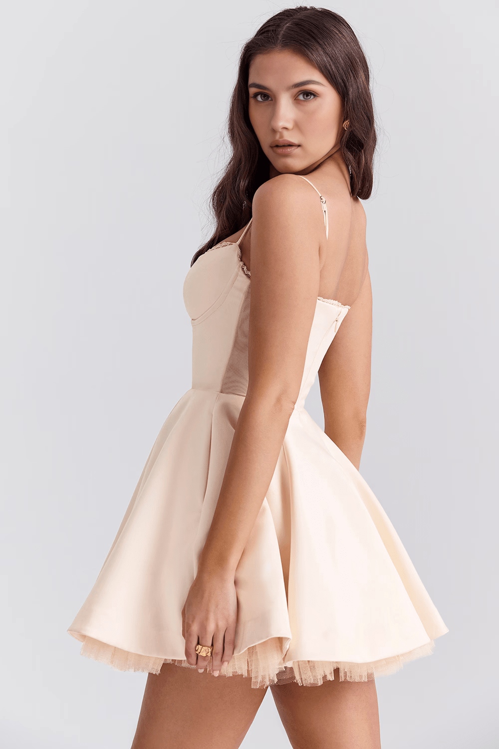 Sweetheart Neck Corset Spaghetti Strap Satin Fit and Flare Mini Dress 17