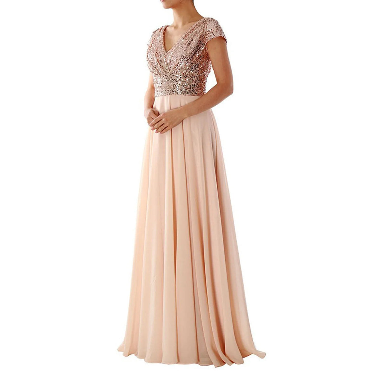 Sequin V-Neck Cap Sleeve Chiffon A-Line Maxi Gown - View 4