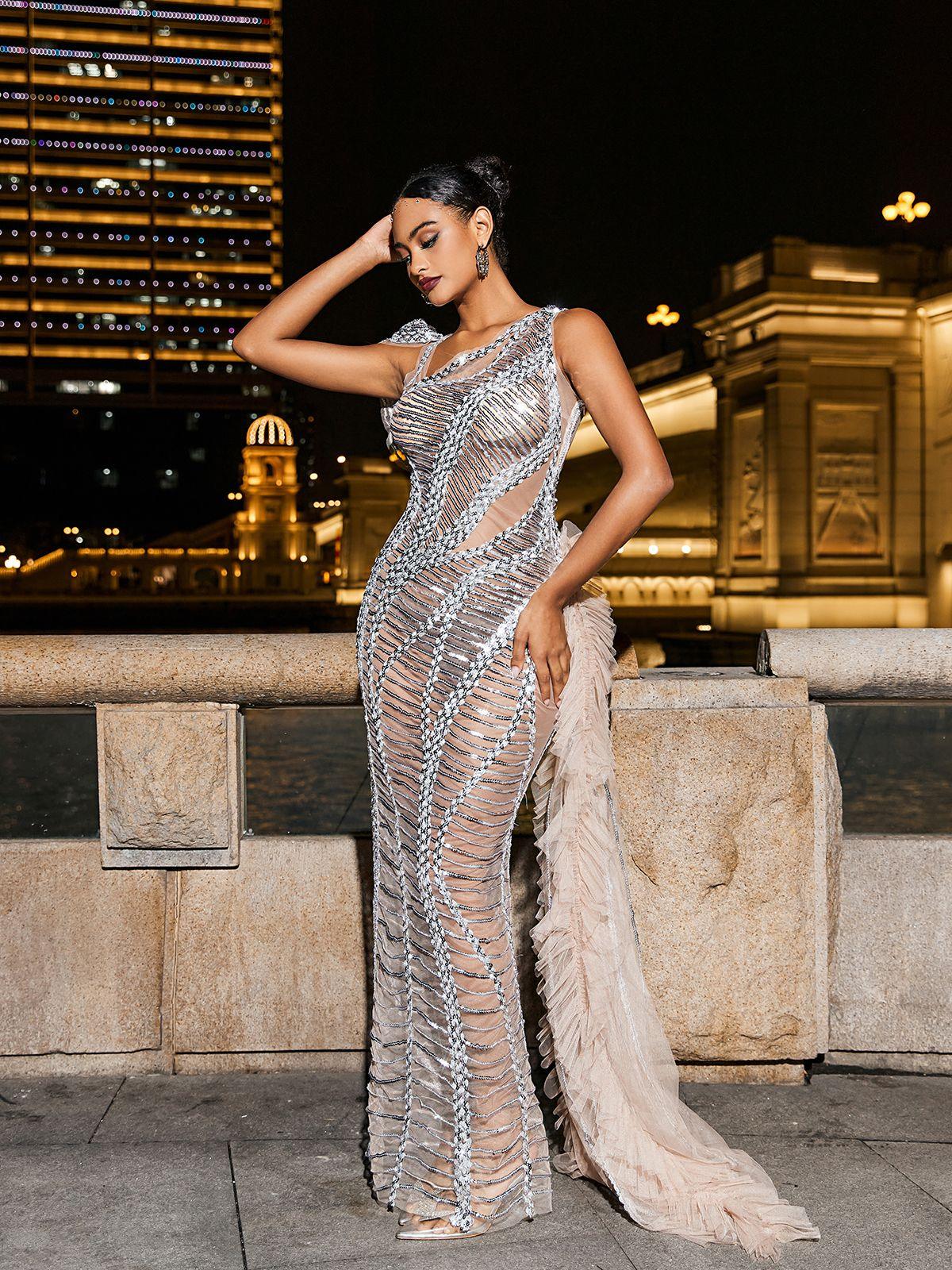 Sequin Mesh One Shoulder Cut Out Ruffle Train Maxi Gown - View 4