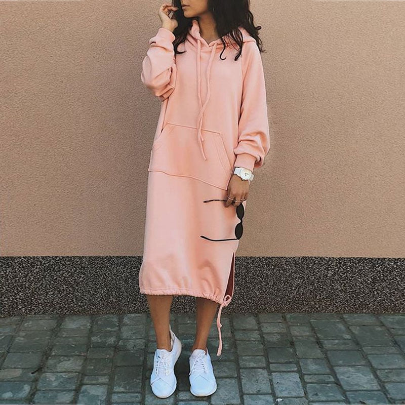 Hooded Long Sleeve Kangaroo Pocket Side Slit Drawstring Hem Dress - View 3