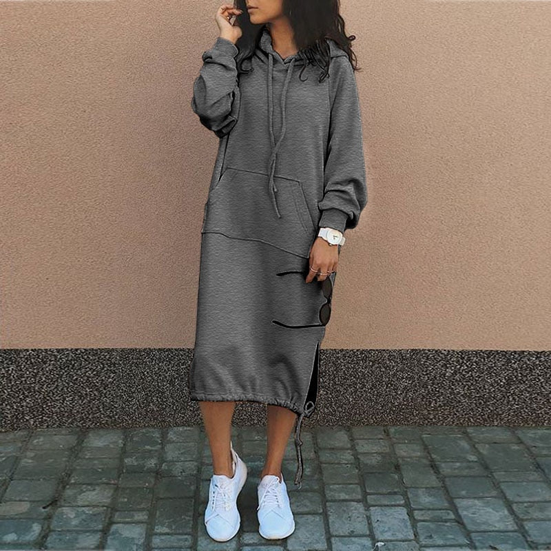 Hooded Long Sleeve Kangaroo Pocket Side Slit Drawstring Hem Dress - View 5