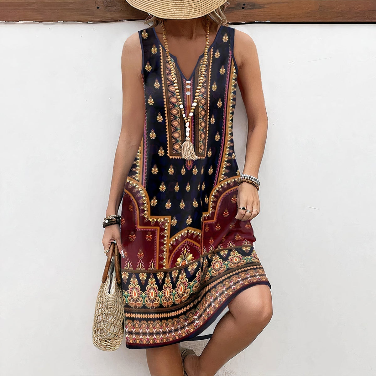 Sleeveless V-Neck Bohemian Print Shift Knee Length Dress