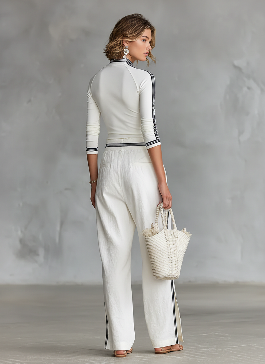 High Neck Striped Trim Top and Wide Leg Pants Set 6