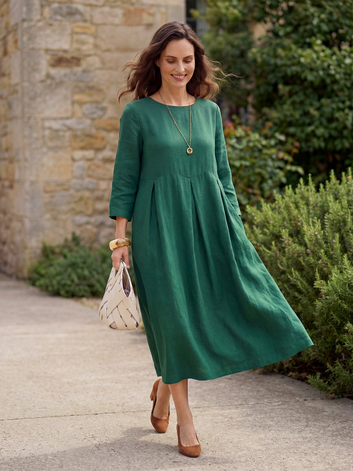 Pleated Round Neck Pocket A-Line Maxi Dress 14