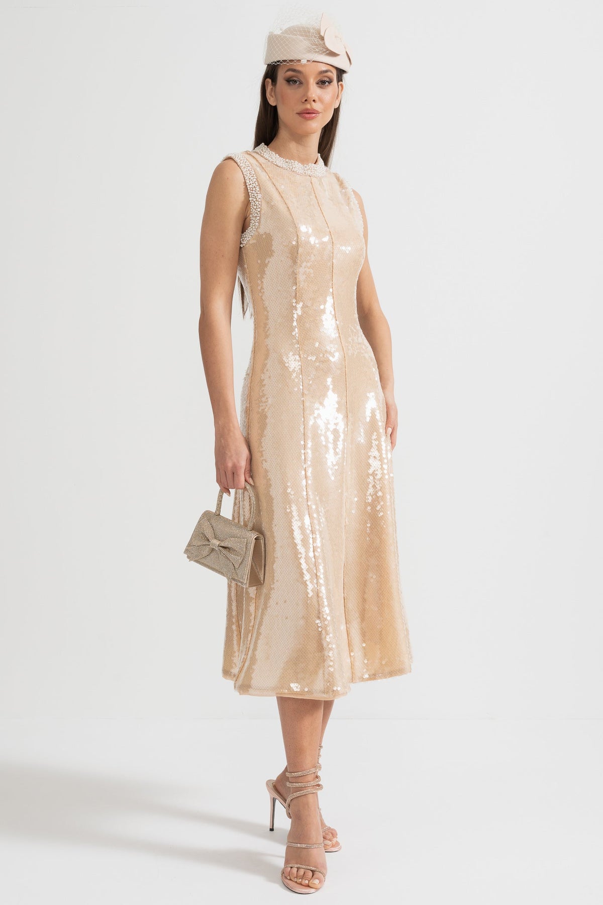 Sequin Sleeveless High Neck Pearl Trim Tea Length Midi Dress