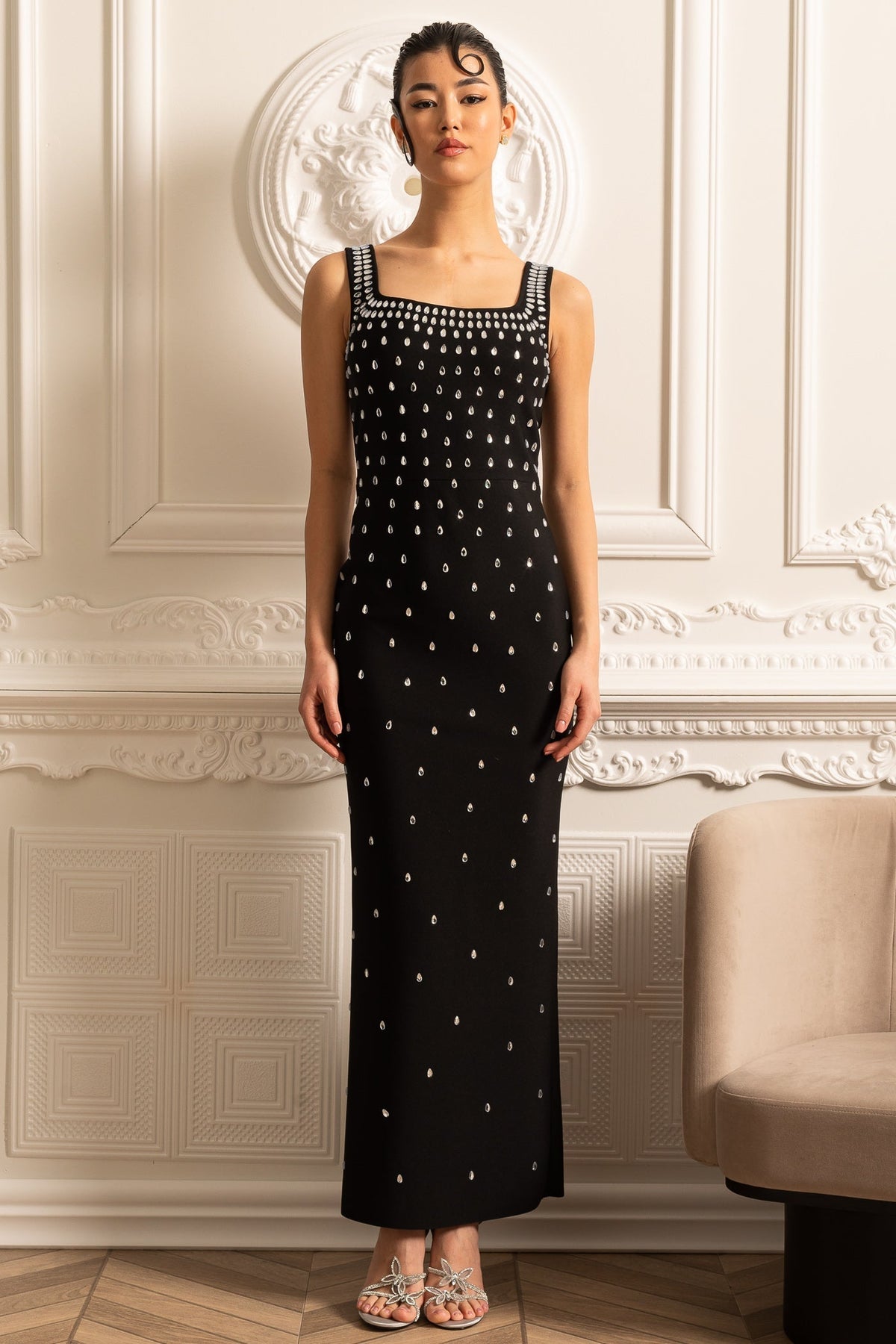 Crystal Teardrop Embellished Square Neck Wide Strap Column Maxi Gown