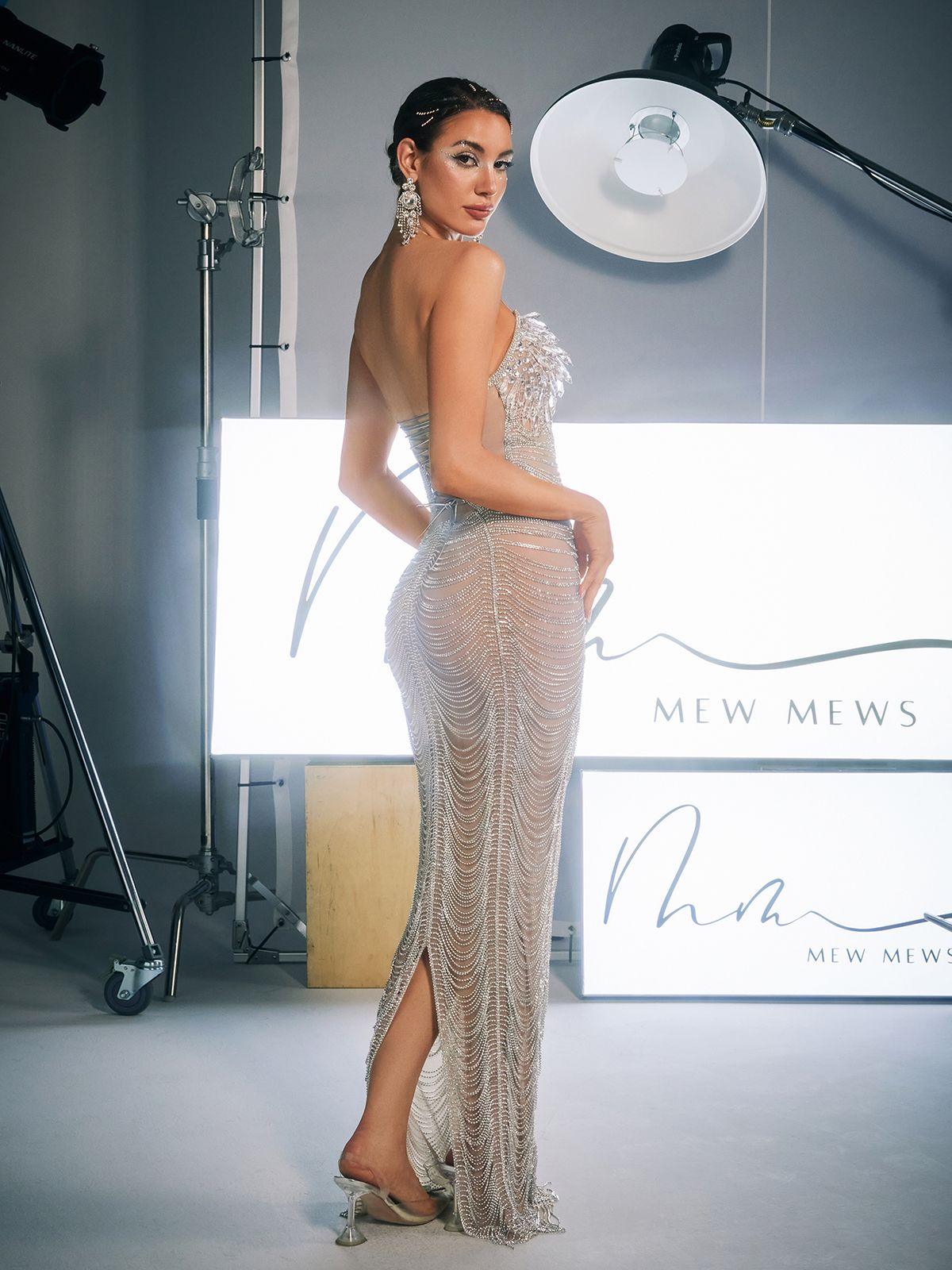 Crystal Beaded Chain Halter Neck Sweetheart Mesh Bodycon Maxi Gown - View 6