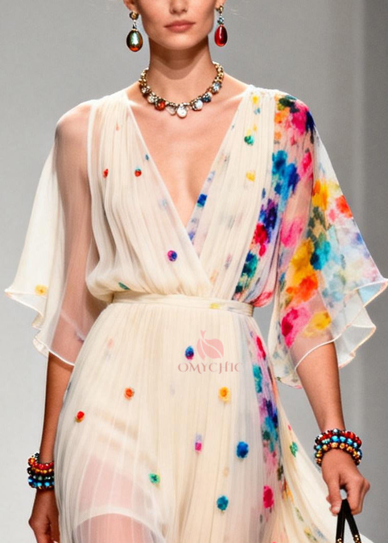Floral Applique Pleated V-Neck Wrap Bodice Midi Dress - View 2