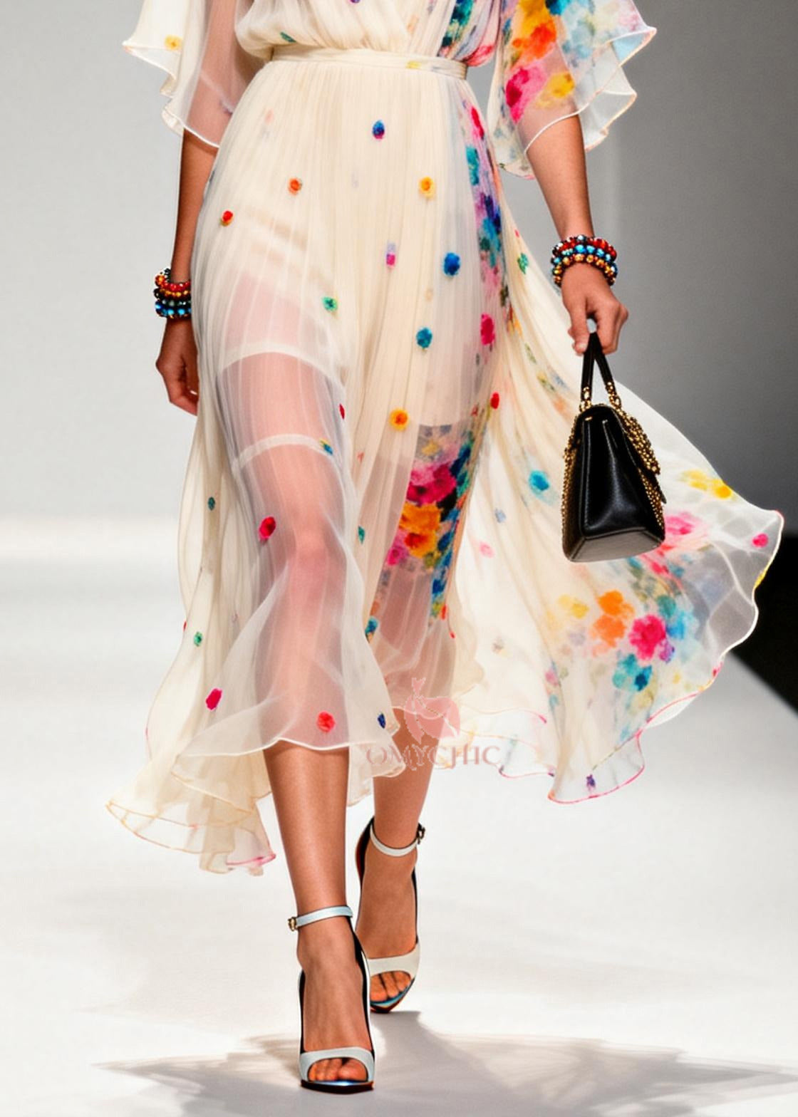Floral Applique Pleated V-Neck Wrap Bodice Midi Dress - View 4