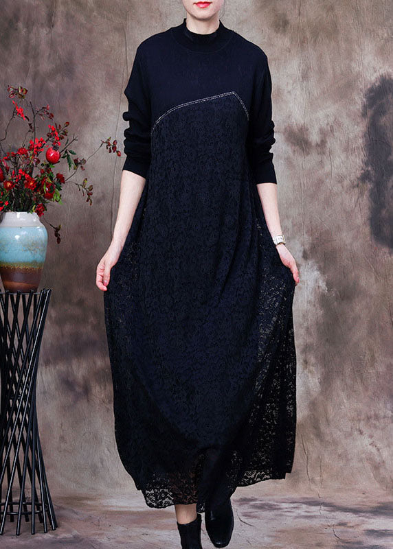 Mock Neck Long Sleeve Lace Overlay Diagonal Panel Patchwork Maxi Dress
