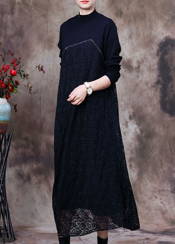Mock Neck Long Sleeve Lace Overlay Diagonal Panel Patchwork Maxi Dress - View 2