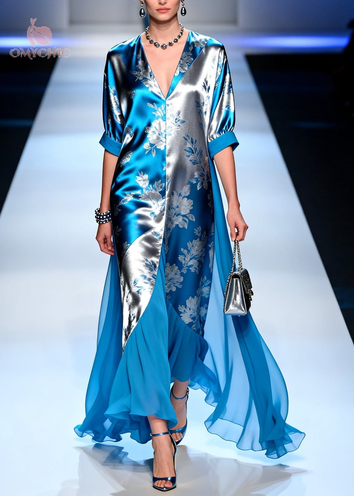 Metallic Floral Jacquard Deep V-Neck Half Sleeve Sheer Maxi Gown
