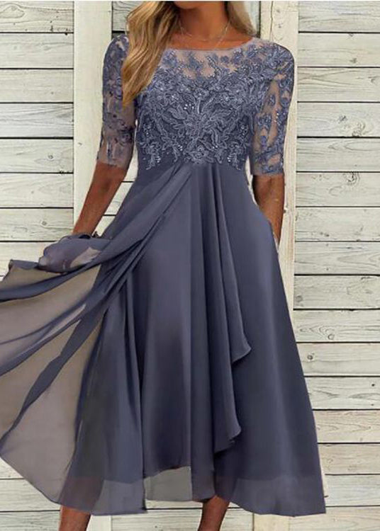 Modern Blue O Neck Ruffled Lace Patchwork Chiffon Dress Summer - View 3