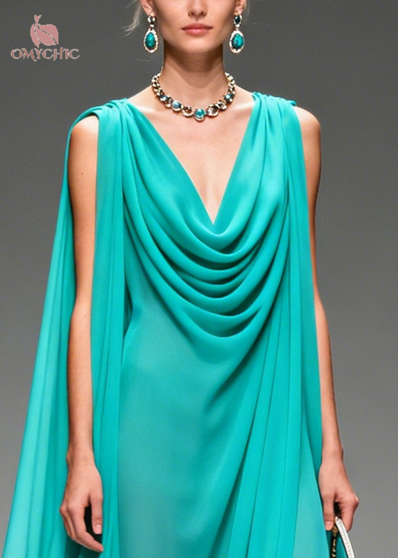 Cowl Neck Sleeveless Cape Overlay Scalloped Floral Hem Maxi Gown - View 2