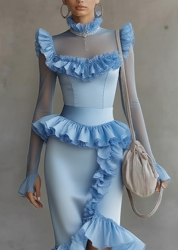 Modern Blue Turtleneck Ruffled Tulle Patchwork Long Dress Flare Sleeve - View 2