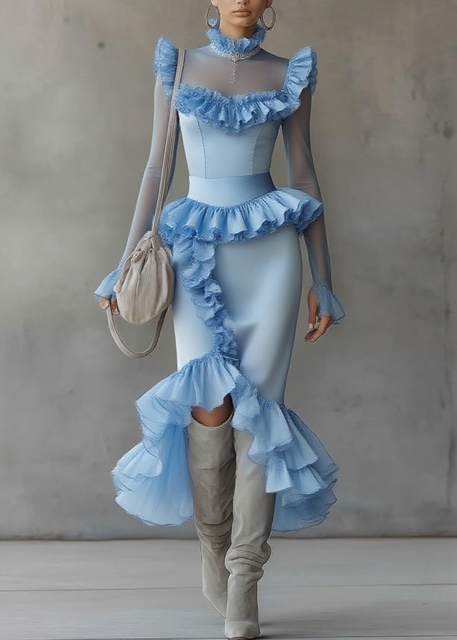 Modern Blue Turtleneck Ruffled Tulle Patchwork Long Dress Flare Sleeve - View 3