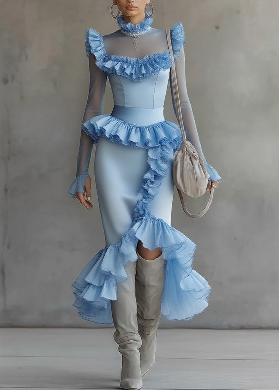 Modern Blue Turtleneck Ruffled Tulle Patchwork Long Dress Flare Sleeve - View 5