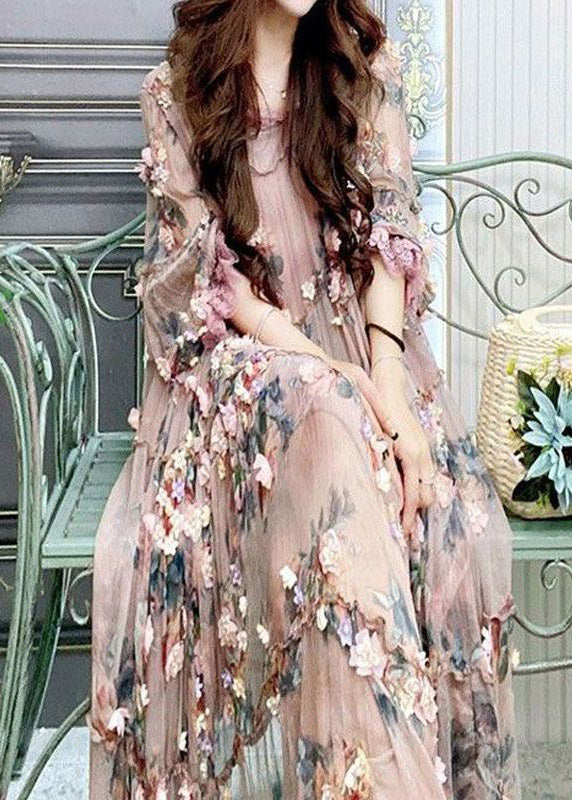 Modern Embroidered Floral Ruffled Tulle Long Dress Lantern Sleeve - View 3