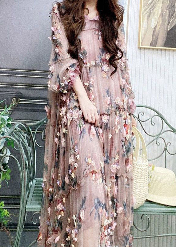 Modern Embroidered Floral Ruffled Tulle Long Dress Lantern Sleeve - View 4