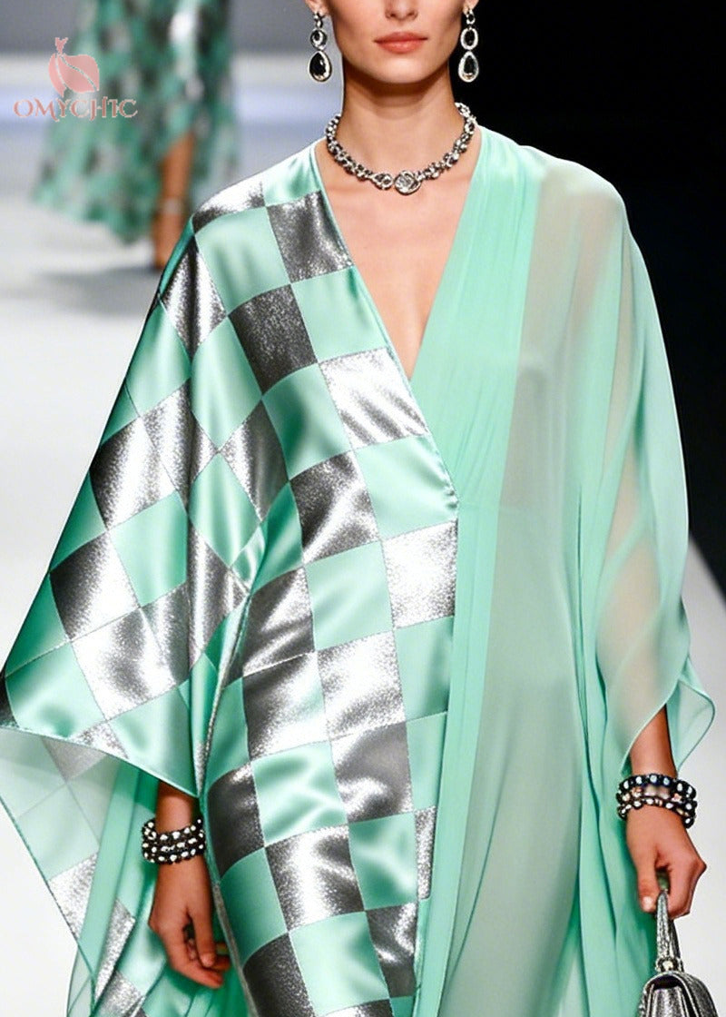 Check Print Patchwork Deep V-Neck Batwing Sleeve Maxi Gown - View 2