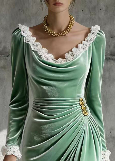 Velvet Scoop Neck Long Sleeve Lace Trim Ruched Wrap Midi Dress - View 2